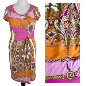 APANAGE Pink Orange DRESS 10 Knit Belt Chain Link Paisley Floral Office Church